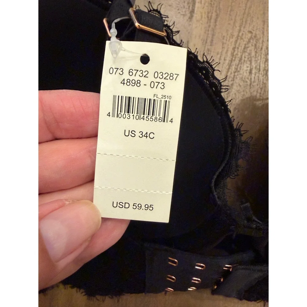 Aerie Black Lace‎ Plunge Bra Padded Underwire Eyelash Trim 34C 4898-073